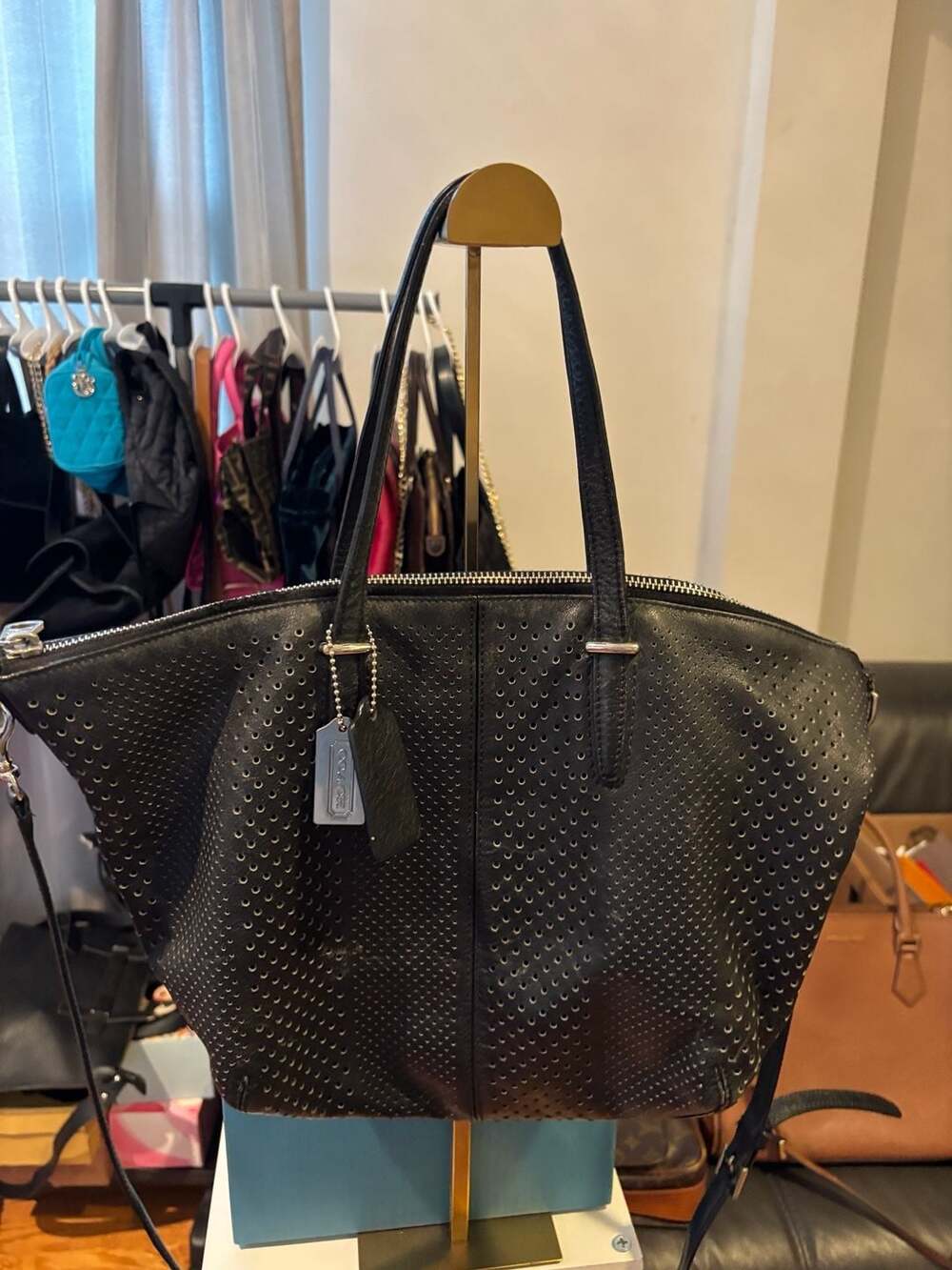 Coach Black Perforated Leather Large Tote / Satchel โ Silver Hardware